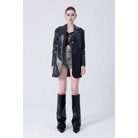 Women Black Wide Calf Slouchy Shark Pointed Toe Fold Over Knee High Tall Boots - Picture 3 of 8